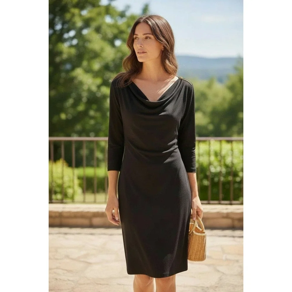 MICHAEL KORS Black Cowl Neck 3/4 Sleeve Sheath Dress Gold Zipper Detail XS